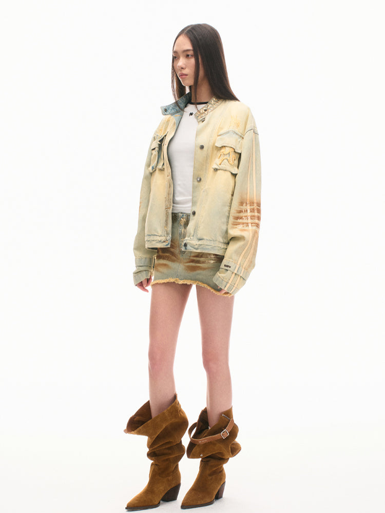 Vintage Silver Washed Mid-waist A-line Skirt - CHINASQUAD