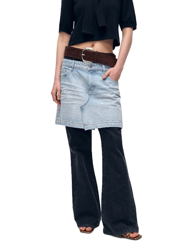 Color Block PatchworkFake Two-Piece Denim Flared Skirt Pants - CHINASQUAD