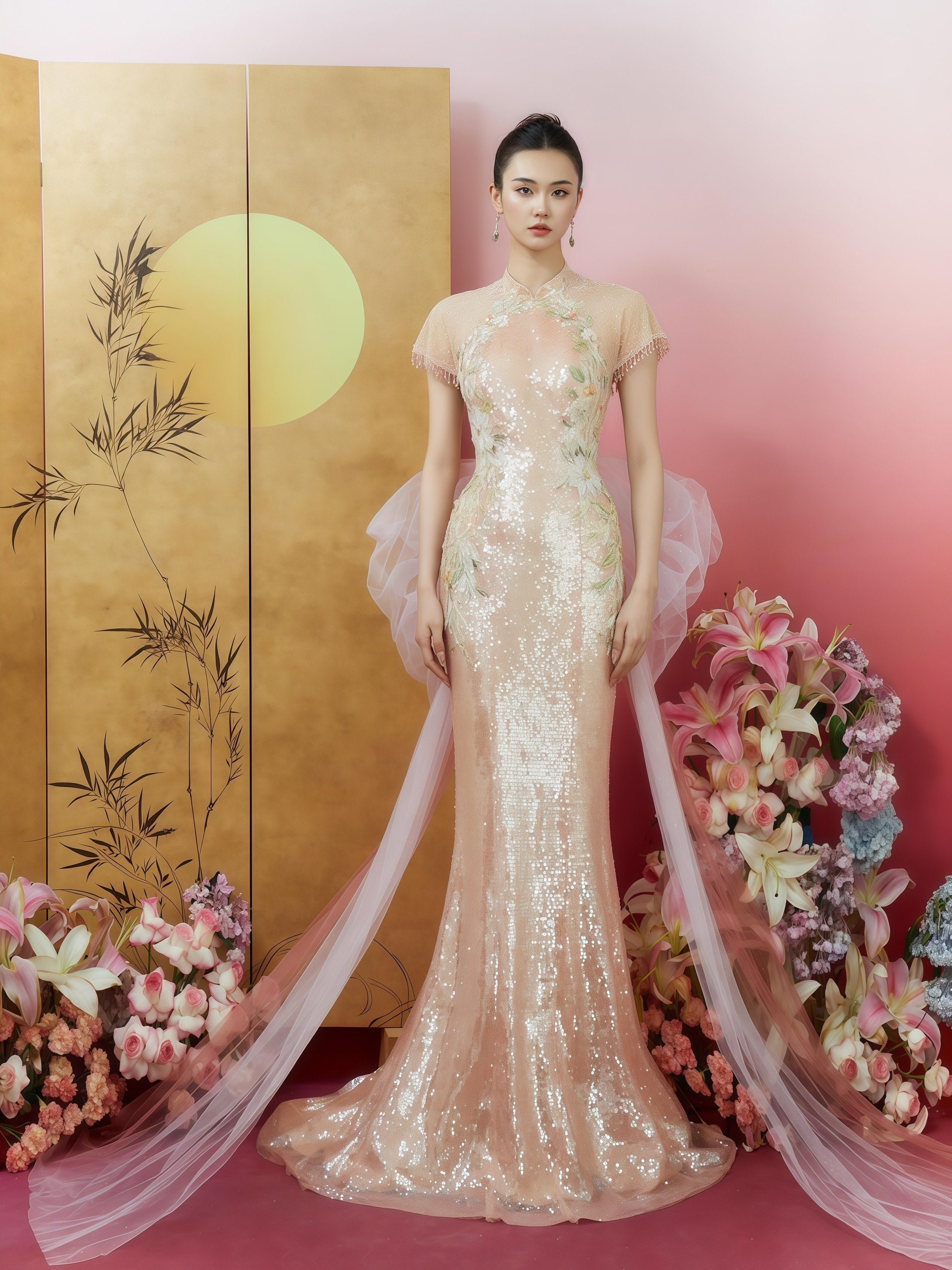 Blossom Whisper Sequin Embroidered Mermaid Evening Gown