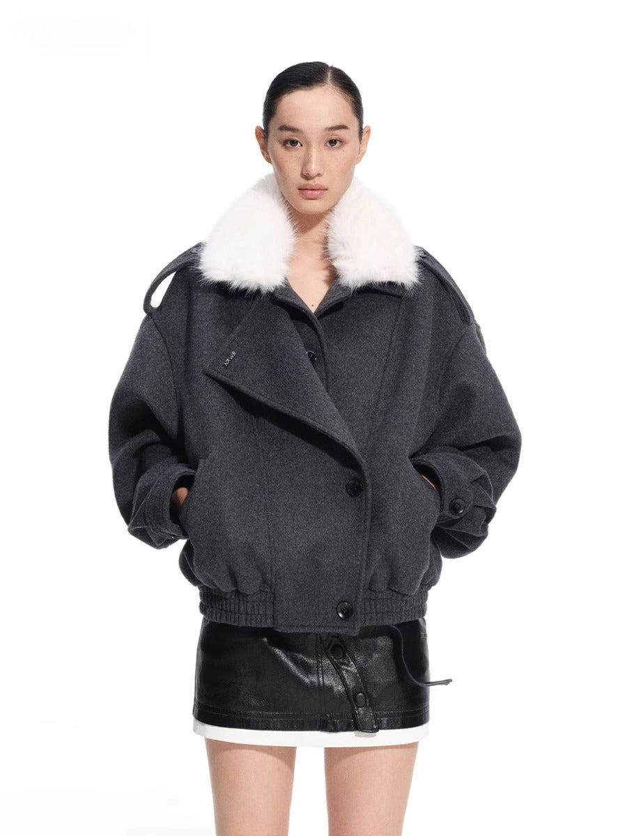 Faux Fox Fur Wool-Blend Aviator Jacket - CHINASQUAD