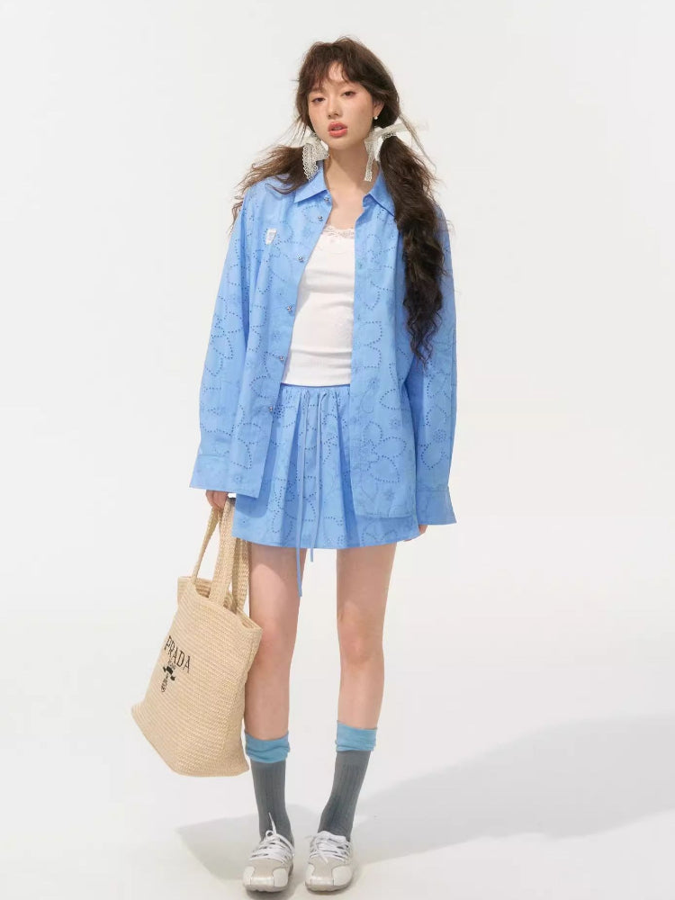 Collar Cut-Out Floral Shirt & Skirt Set - CHINASQUAD