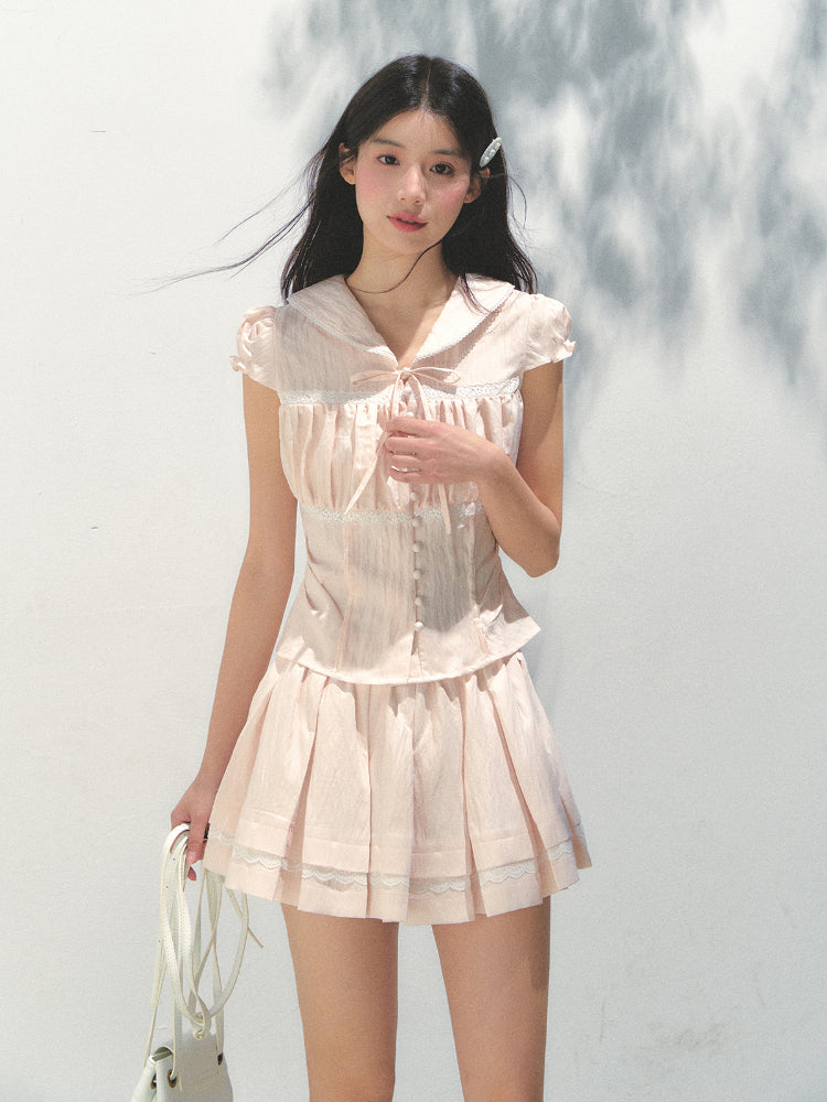 Navy Collar Lyocell Waist-cinching Shirt & Skirt Set - CHINASQUAD