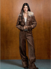 Vintage Brown Suede Jacket with Removable Fur Collar - CHINASQUAD