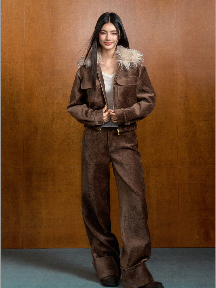 Vintage Brown Suede Jacket with Removable Fur Collar - CHINASQUAD
