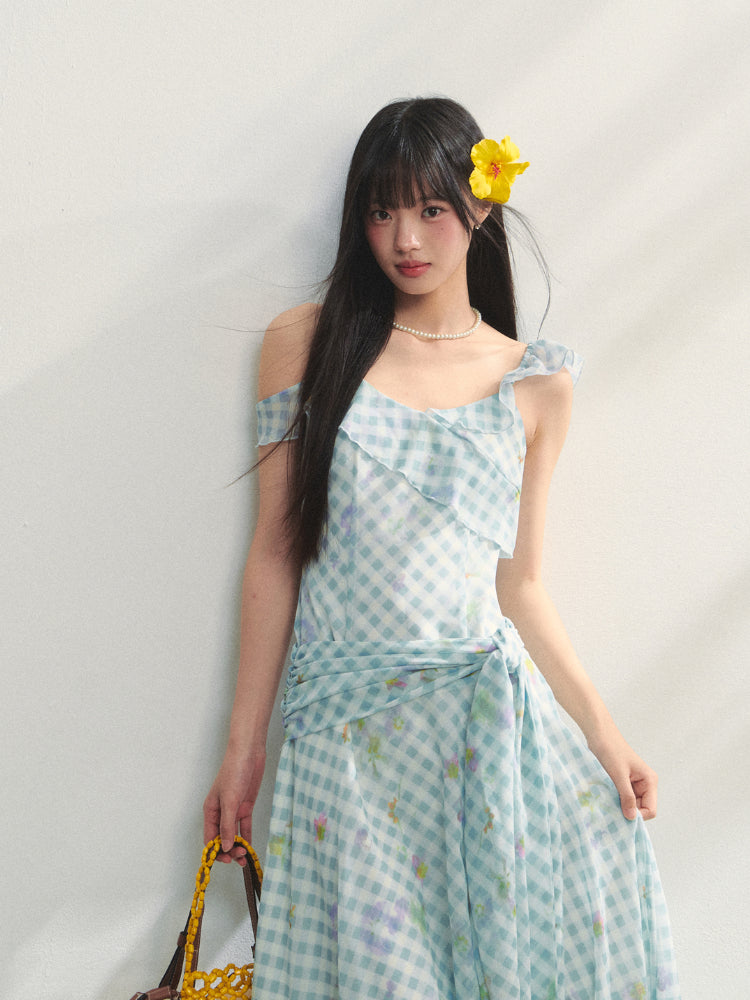 Checkered Print Asymmetrical Slip Dress - CHINASQUAD