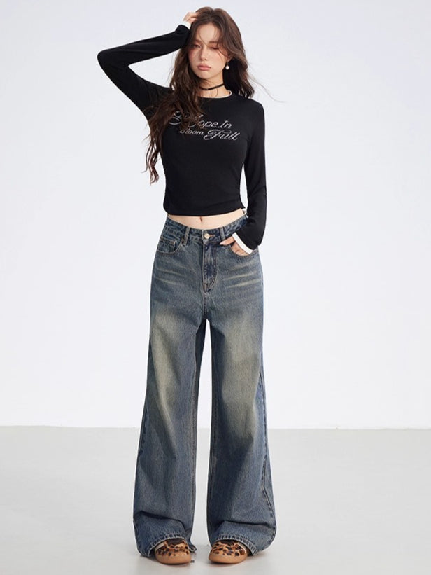 Leather-Patch Wide-Leg Cotton Jeans - CHINASQUAD