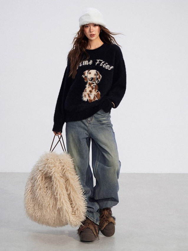 Cartoon Puppy Plush Knit Sweater