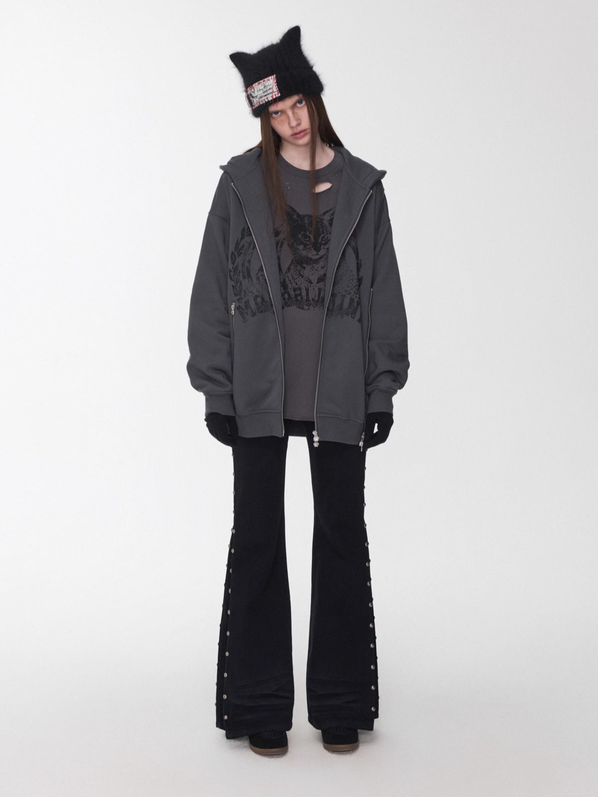 Cat Print Double-Zip Convertible Hoodie - CHINASQUAD