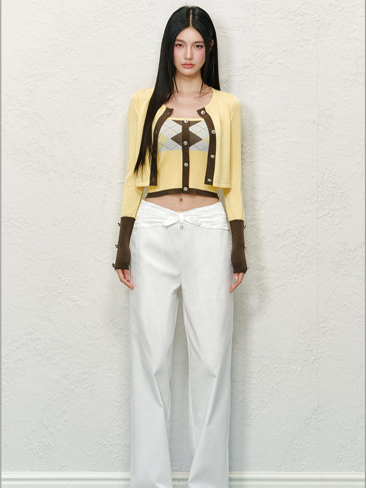 Diamond Color-Blocked Round Neck Knitted Cardigan Set - CHINASQUAD