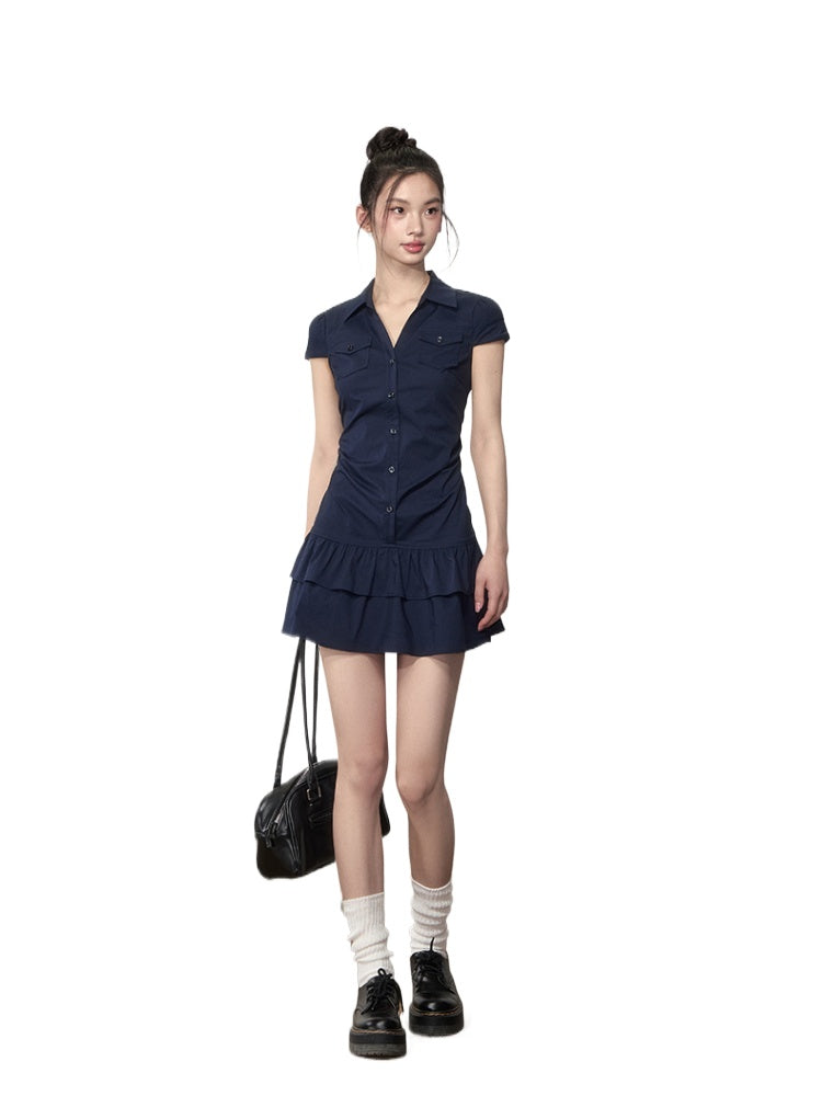 Waist-Cinching Elastic Short - Sleeve Shirt Dress - CHINASQUAD