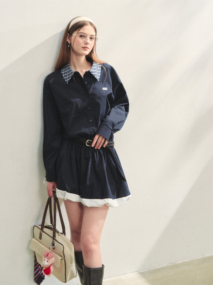 Black Lapel Checkered Panel Tulip Dress - CHINASQUAD