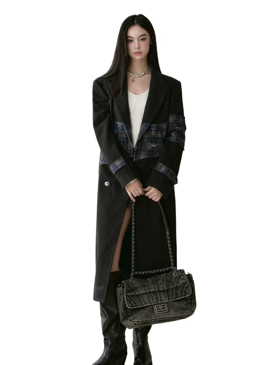 Wool Blend Plaid Patchwork French Coat - CHINASQUAD
