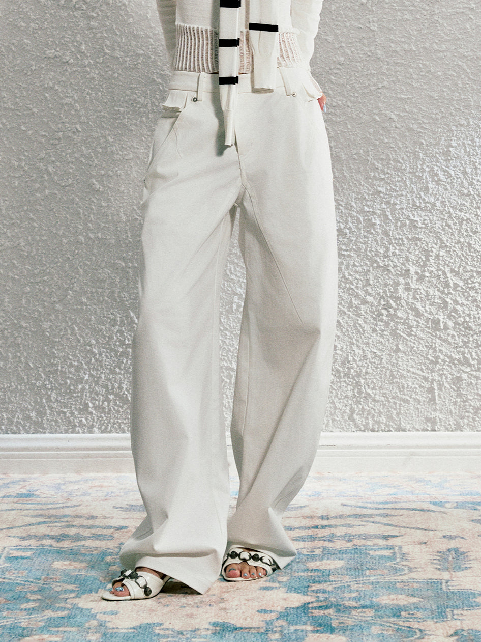 White Lace-trimmed Slant-wash Loose-fitting Jeans - CHINASQUAD