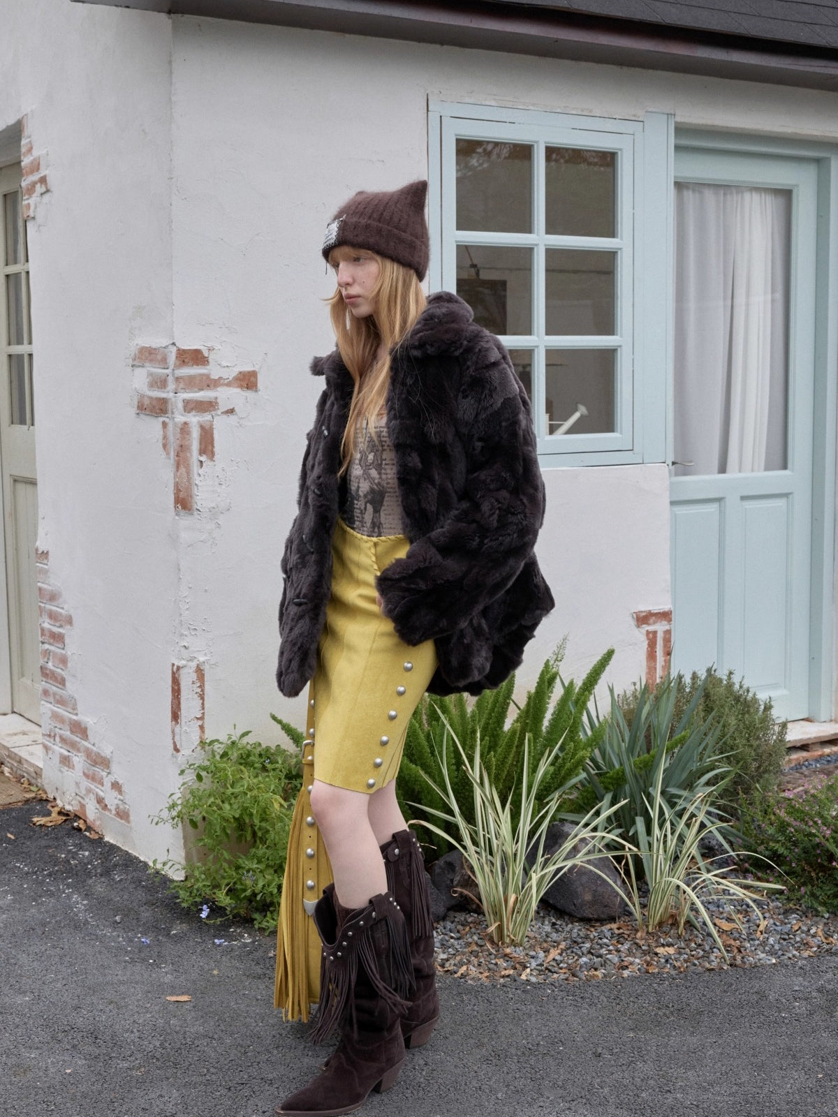 Suede Studded High-Waist Midi Skirt