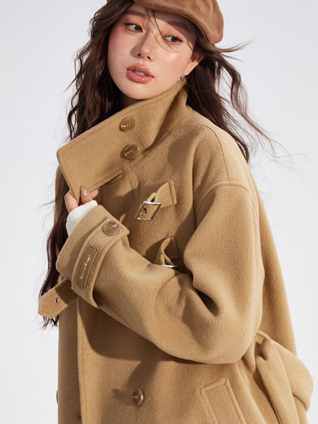 Double-Breasted Wool Blend Stand-Collar Coat