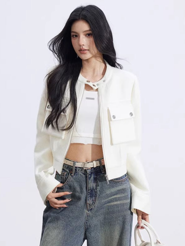 Chic Stand-Collar Tweed-Style Short Jacket