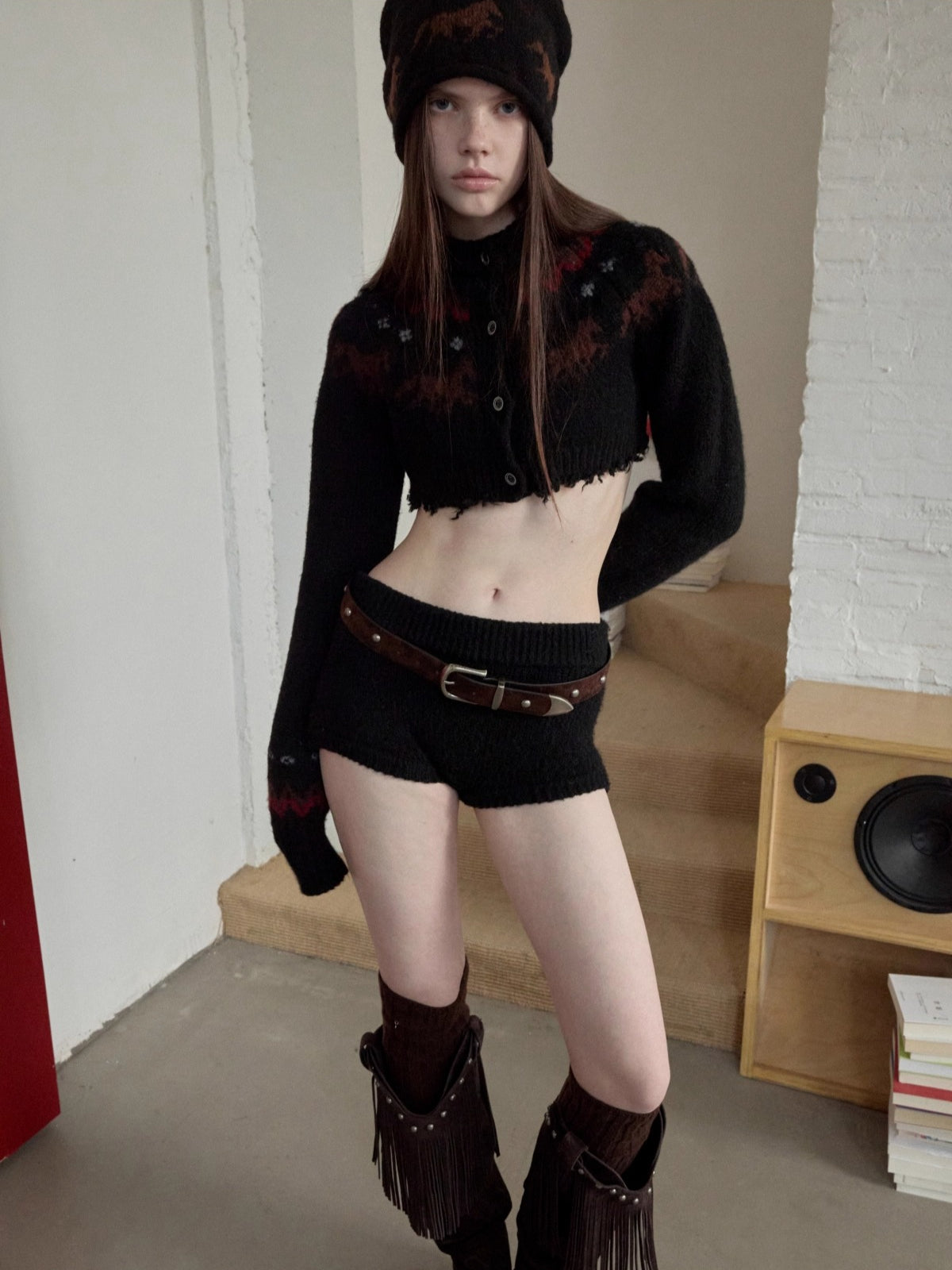 Fair Isle Pony Jacquard Knit Short Cardigan & Shorts Set