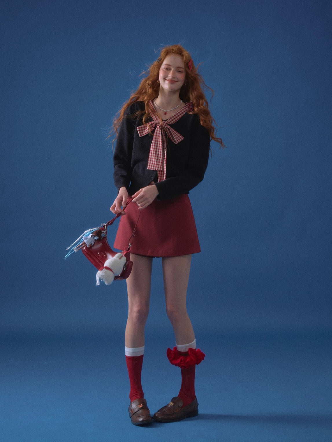 Plaid Bow-Knot Round Neck Knitted Cardigan - CHINASQUAD