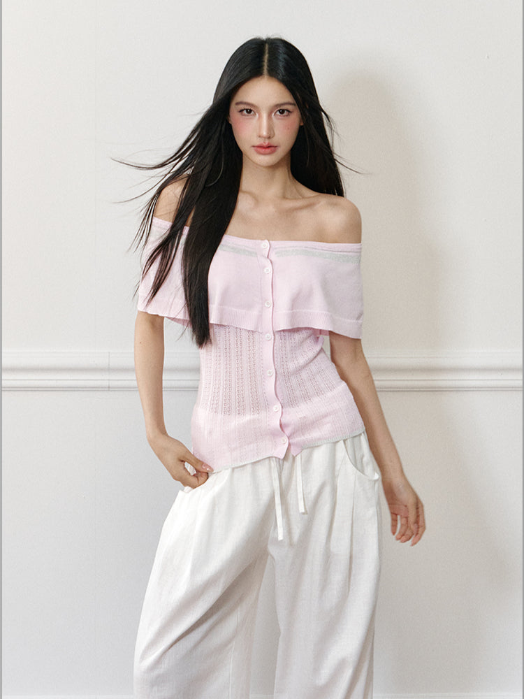Color-block Off-shoulder Poncho-style Knit T-shirt - CHINASQUAD