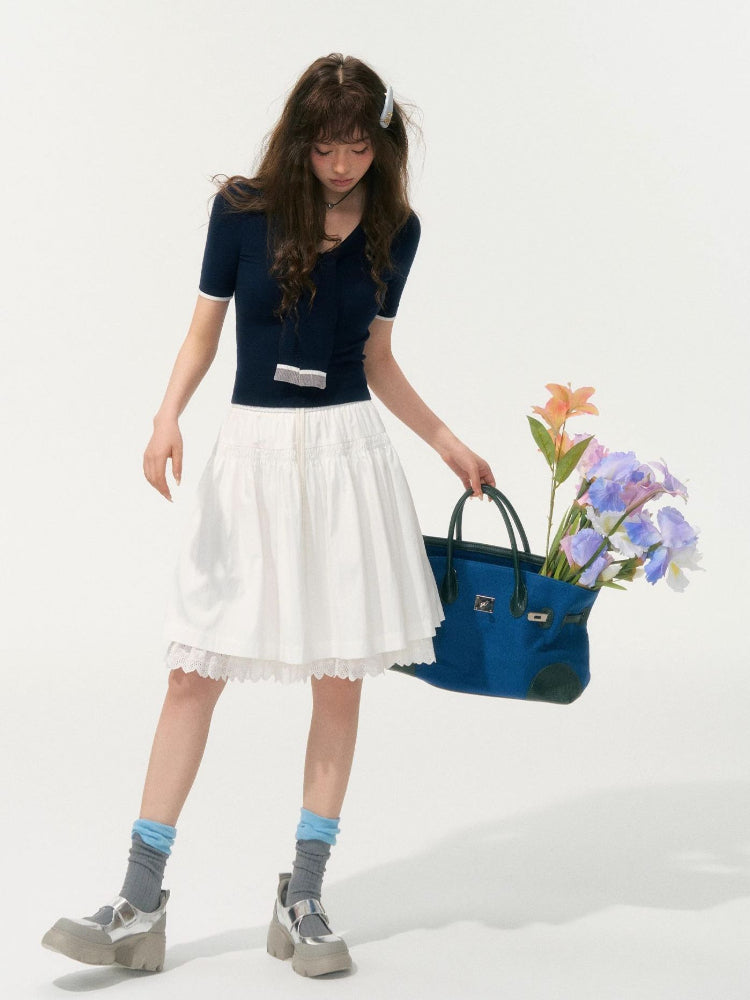 Preppy Style Collared Tie Knit Top - CHINASQUAD