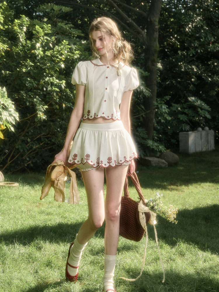 Lace Embroidery Airy Shirt & Skirt Set - CHINASQUAD