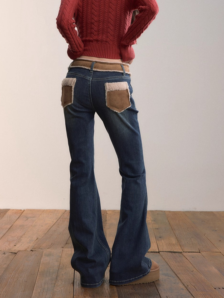 Contrast Panel Faux Fur Waist  Flare Jeans