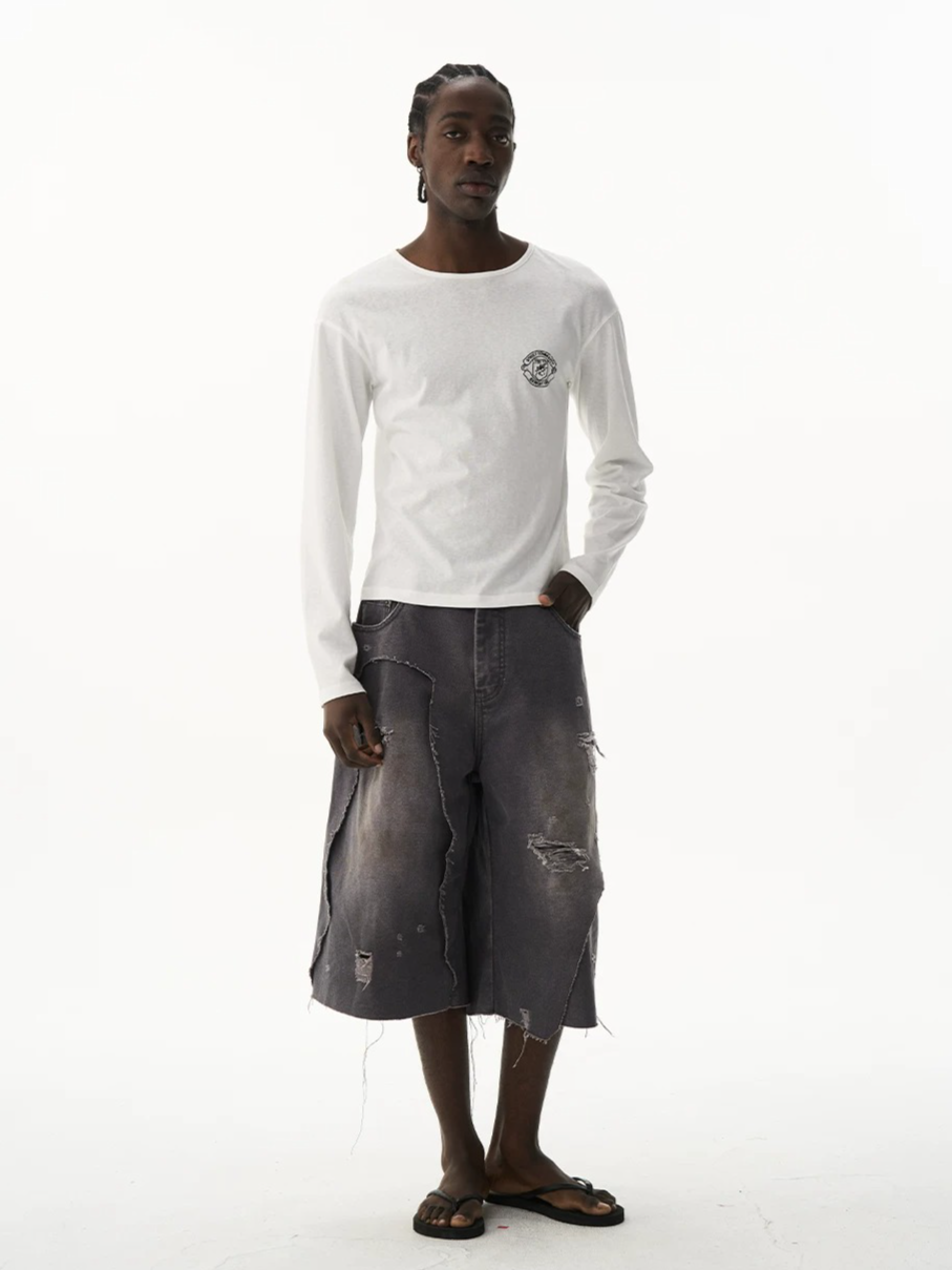 Distressed Double-Layer Washed Grey Shorts