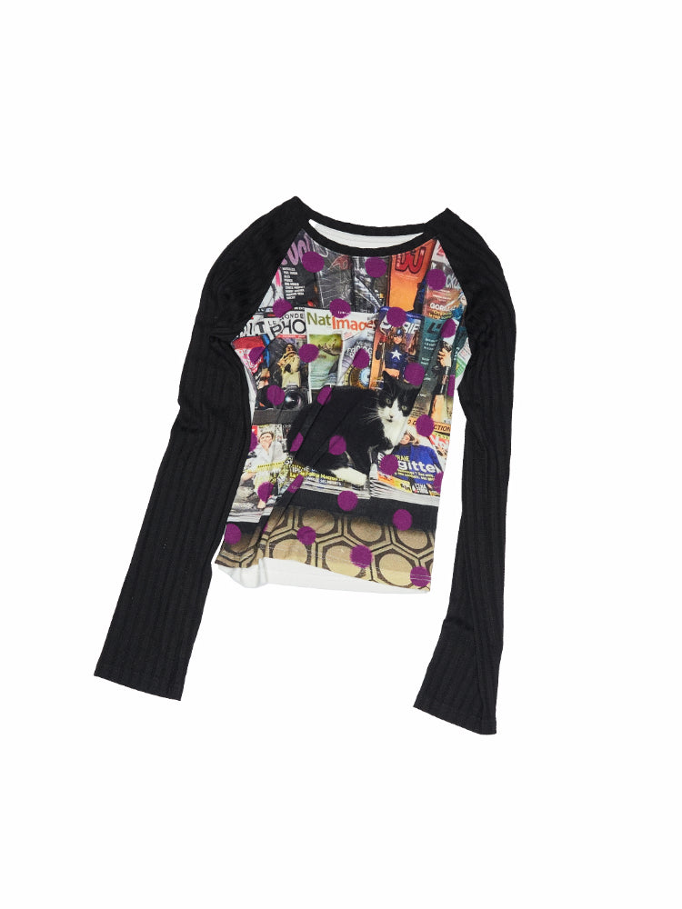 Cat Print Raglan Sleeve Color-Blocking T-Shirt