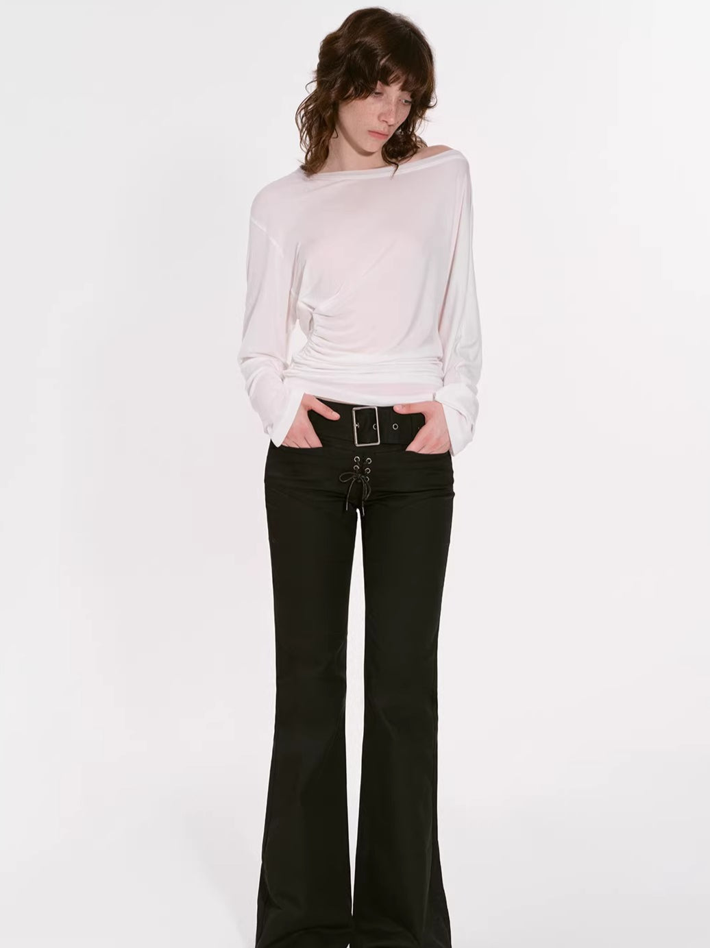 Draped Lyocell Off-Shoulder Long Sleeve T-Shirt