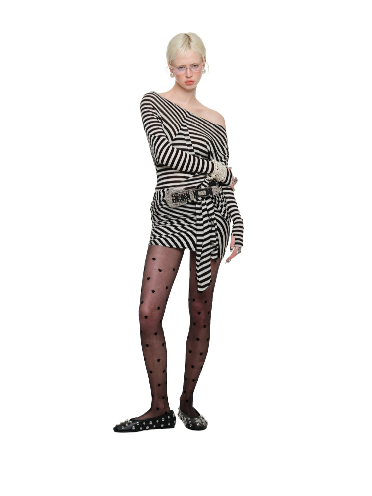 Black & White Striped Asymmetrical Dress - CHINASQUAD