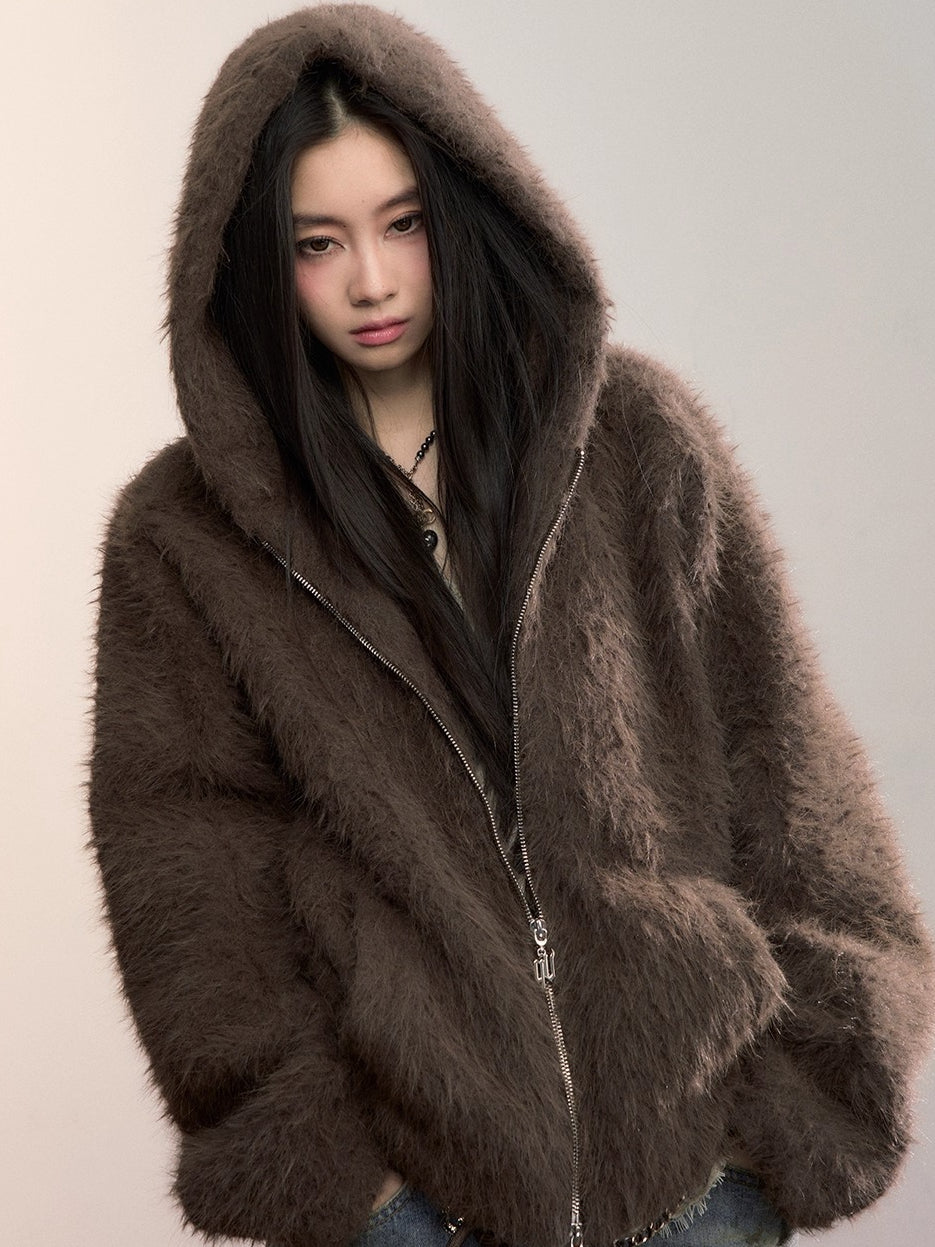 Fuzzy Hooded Plush Sweatshirt Jacket