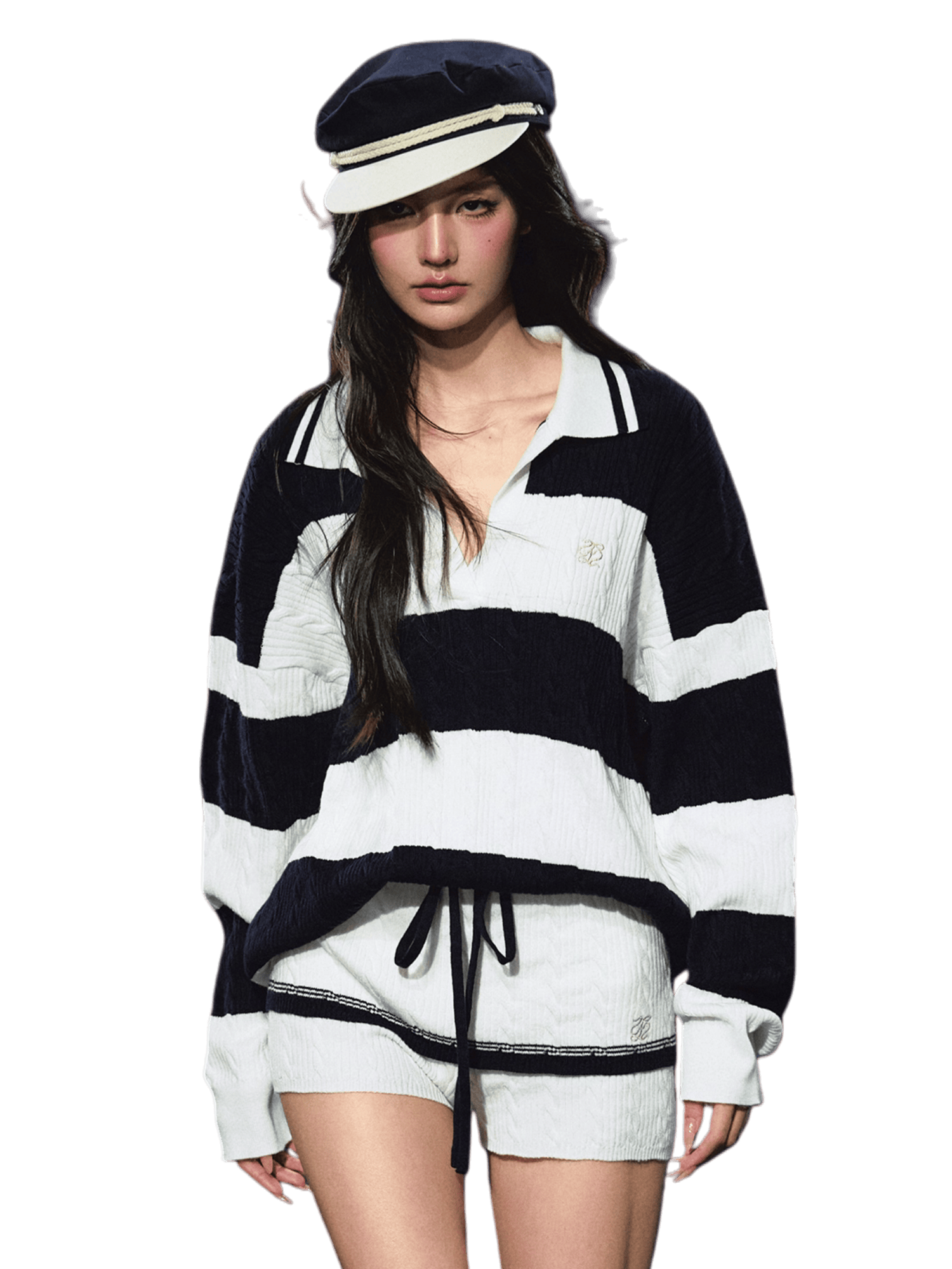 Nautical Relaxed Stripe Polo Sweater & Shorts Set
