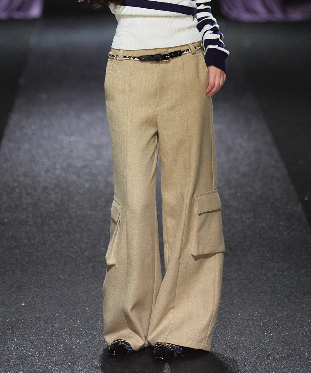 Tweed Braided Belt High-Waist Wide-Leg Pants - CHINASQUAD