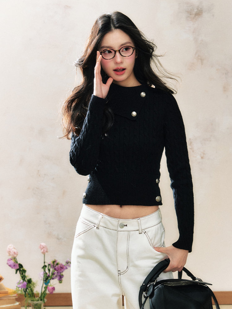 Black Button Sweater Inner Fitted Top - CHINASQUAD