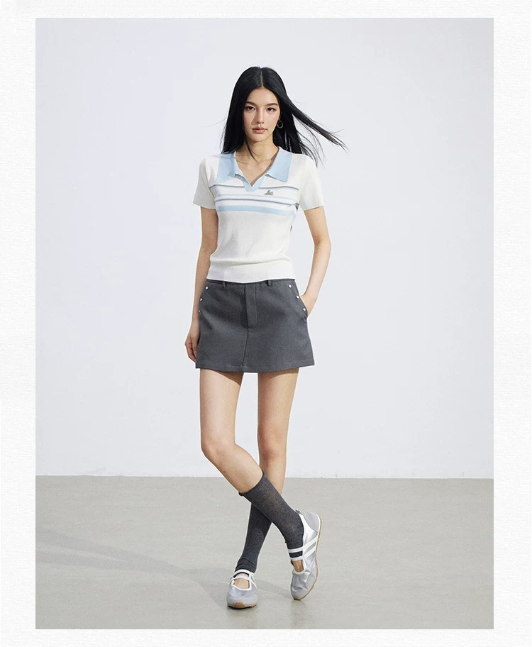 Striped Contrast Collar Ice Silk Polo Top