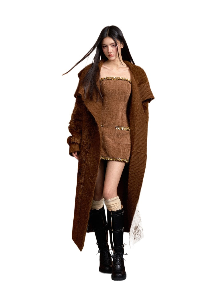 Feather Yarn Long Knit Cardigan & Sweater Set - CHINASQUAD