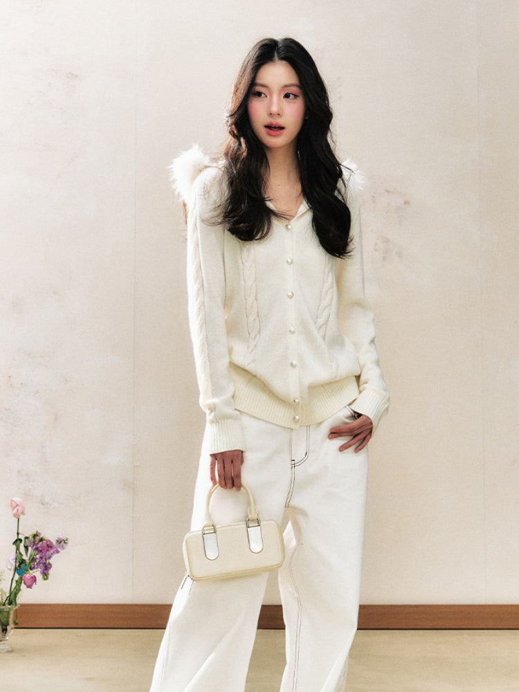 White Hooded Sweater Inner Fitted Knit Cardigan - CHINASQUAD