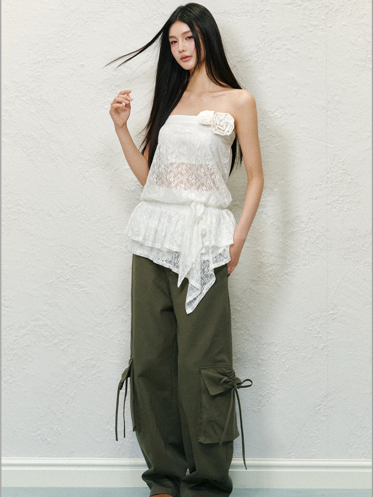 3D Floral Lace Strapless Dress - CHINASQUAD