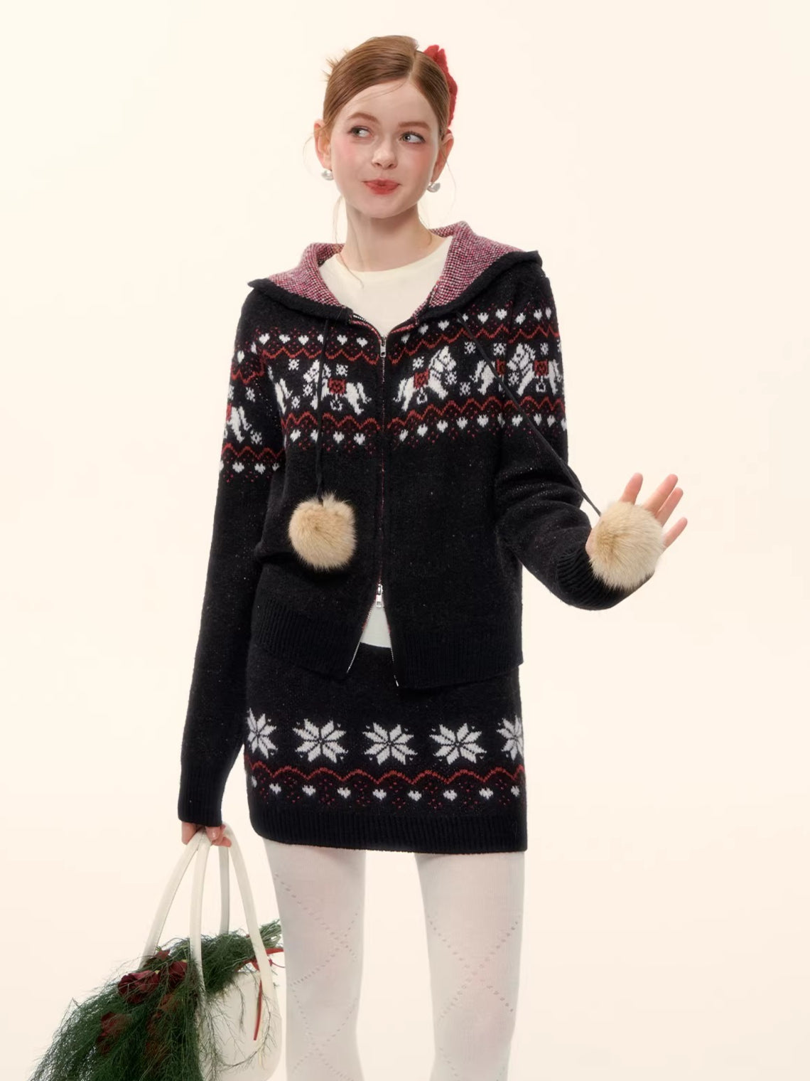 Hooded Knit Cardigan & Mini Skirt Two-Piece Set