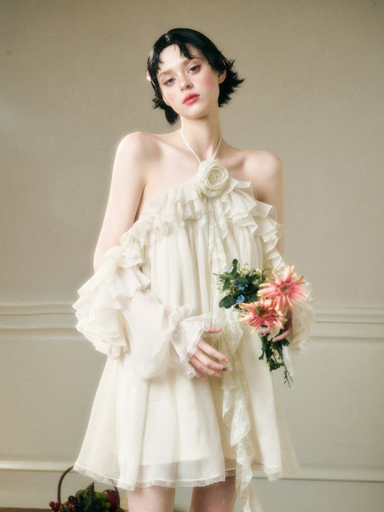 Halter Neck Off-Shoulder Ribbon Dress - CHINASQUAD