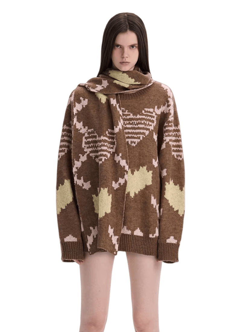 Retro Pixel Jacquard Knit Sweater & Scarf Set