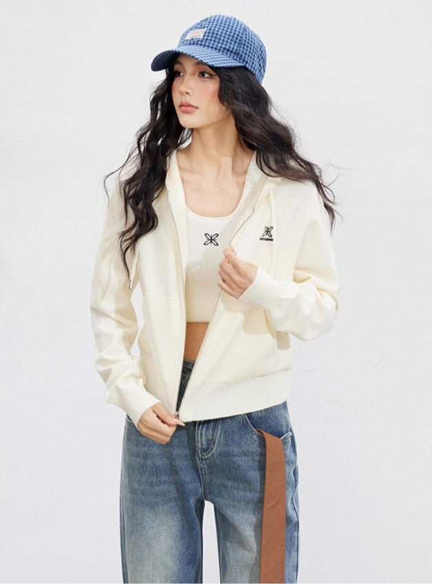 Embroidered Knit Zip-up Hoodie