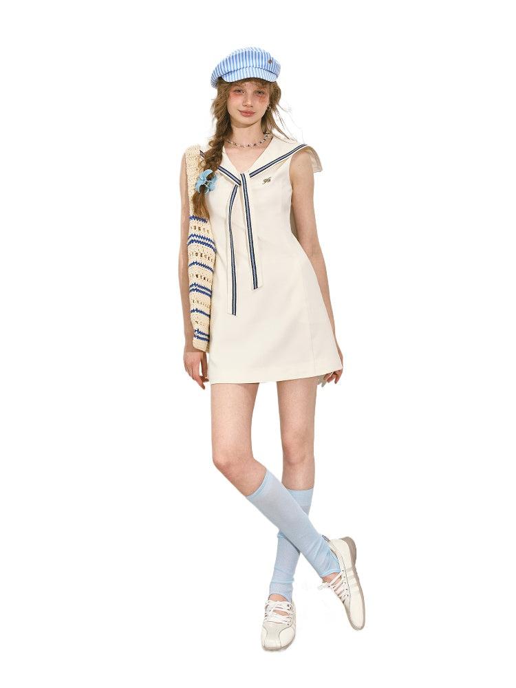 Navy Collar Color-Blocking Waist-cinching Dress - CHINASQUAD
