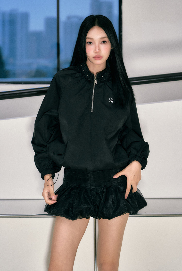 Flower Bud Zipper Jacket & Mesh Skirt Set - CHINASQUAD