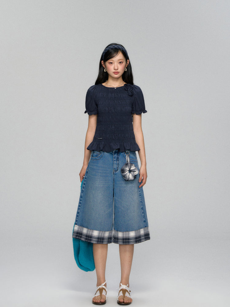 Checkered Patchwork Color-Blocking Wide-Leg Pants Set