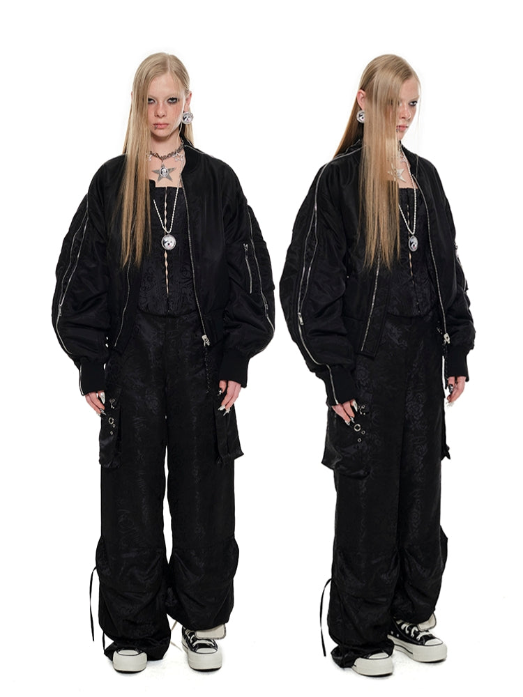 Black & Pink Jacquard Cargo Pants - CHINASQUAD