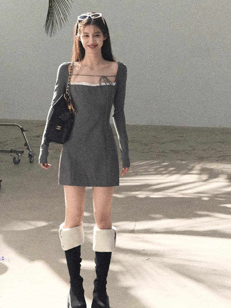 Slim-Fit Black Waist-Cinched Long-Sleeve Dress