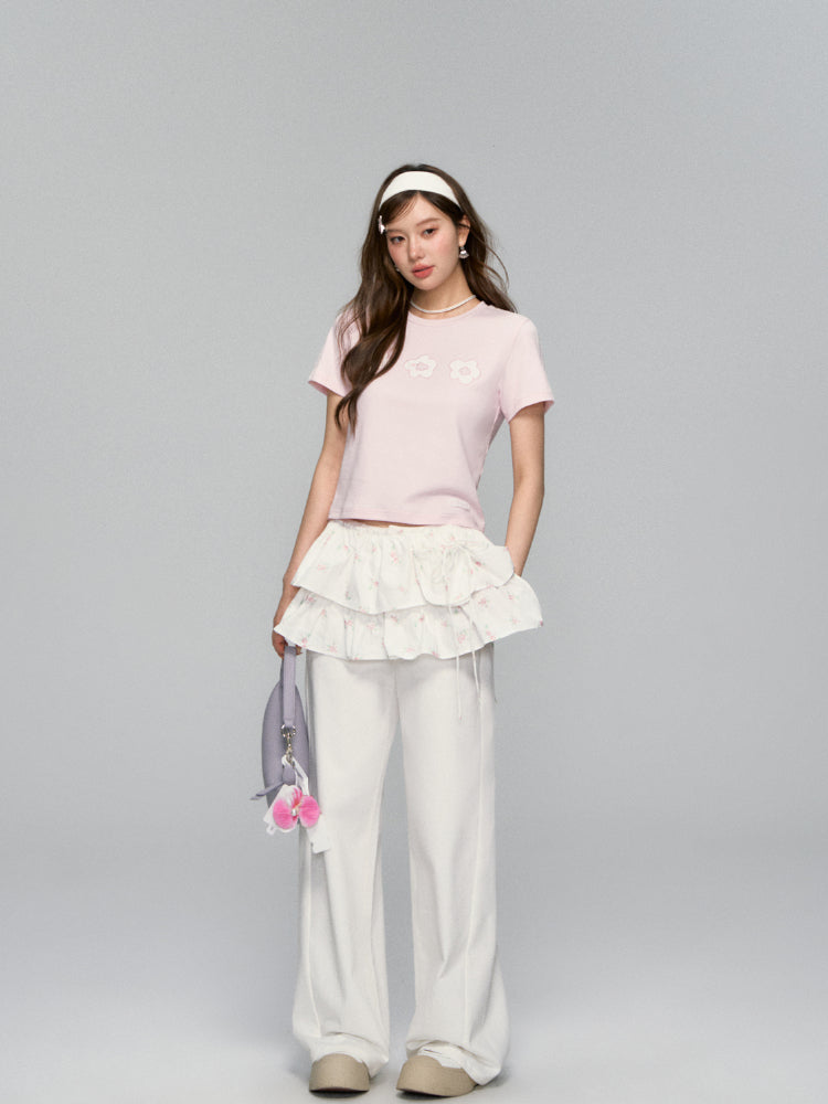 Flower Applique Round Neck T-shirt - CHINASQUAD