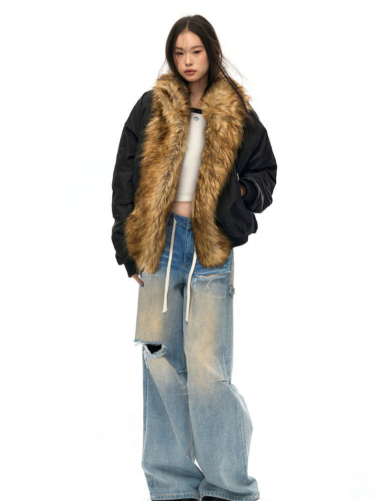 Fur Collar Oversized Down Flight Jacket - CHINASQUAD