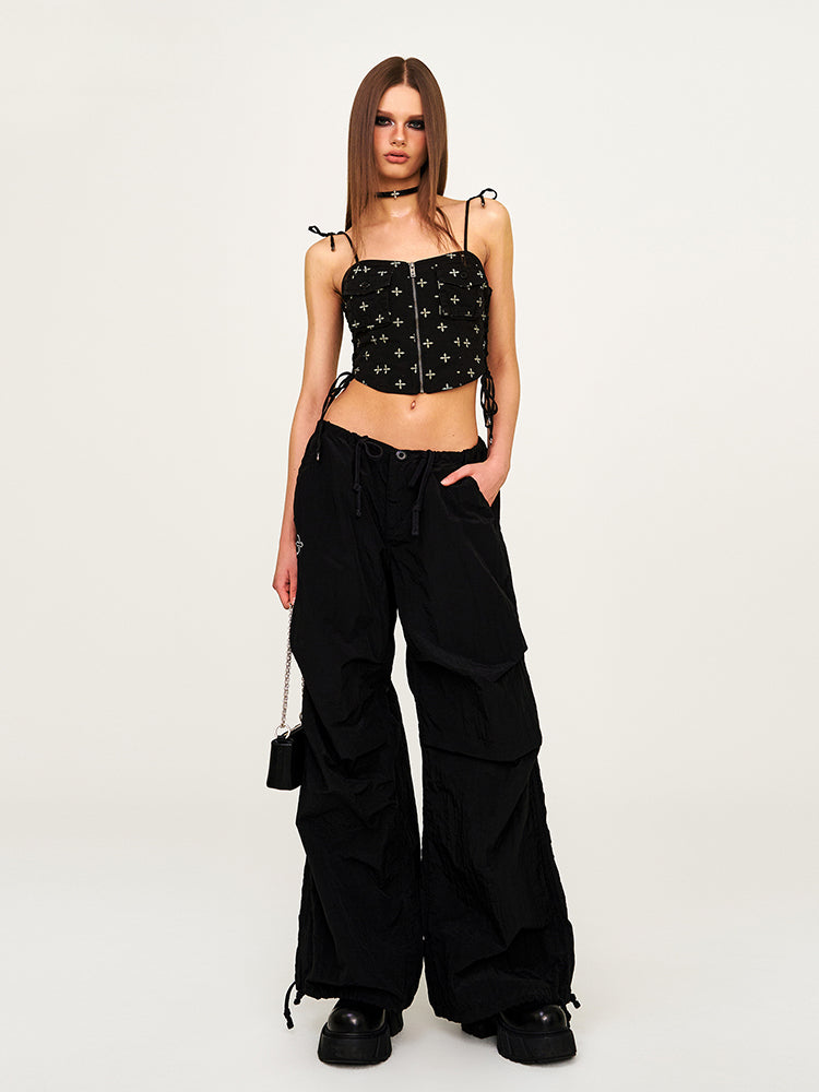 Drawstring Wide-Leg Cargo Workout Pants - CHINASQUAD